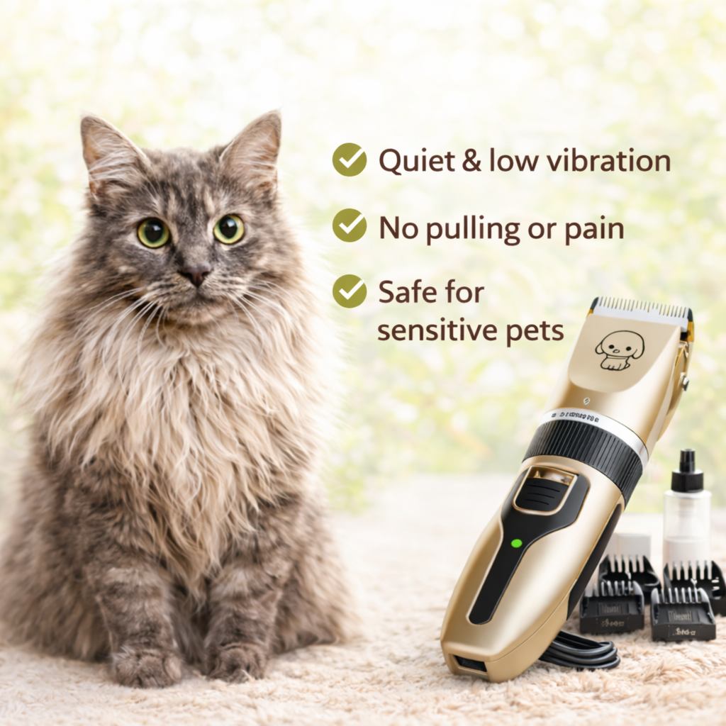 Quiet pet grooming clipper with long-haired cat for safe and easy home trimming