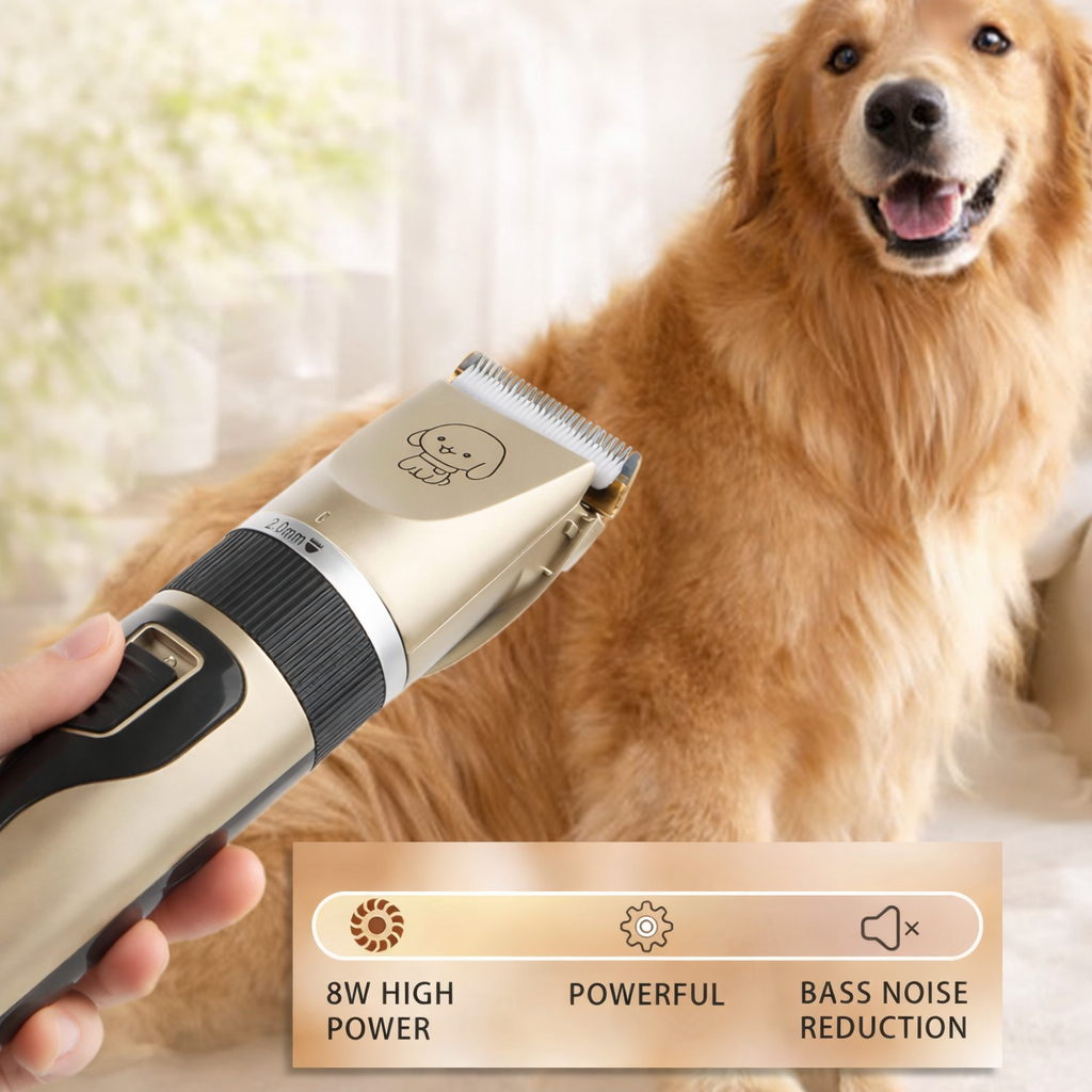 Cordless low noise pet clipper grooming golden retriever at home